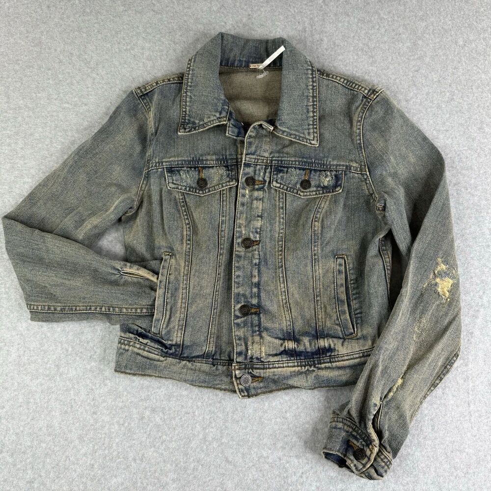 Free People Denim Jean Trucker Button Up Jacket Distressed Boho Western Size 2 - Picture 5 of 7